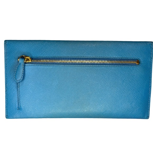 Authentic Vintage Prada Saffiano Wave Blue Leather Long Flap Wallet Celeste Voya - Picture 3 of 8